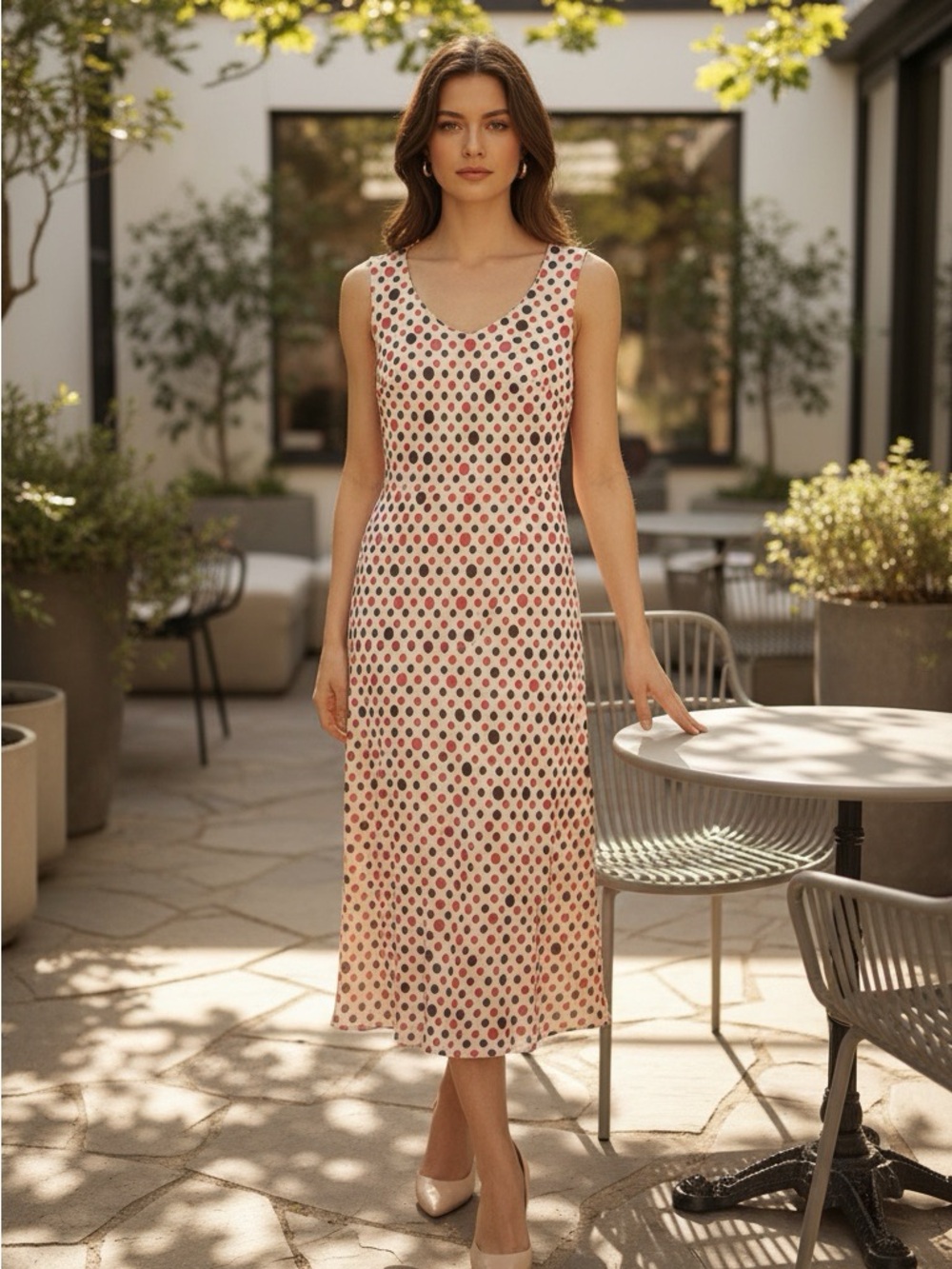 Karin Stevens Pink Brown Polka Dot Slip Midi Dress Women's Size 12 NWOT